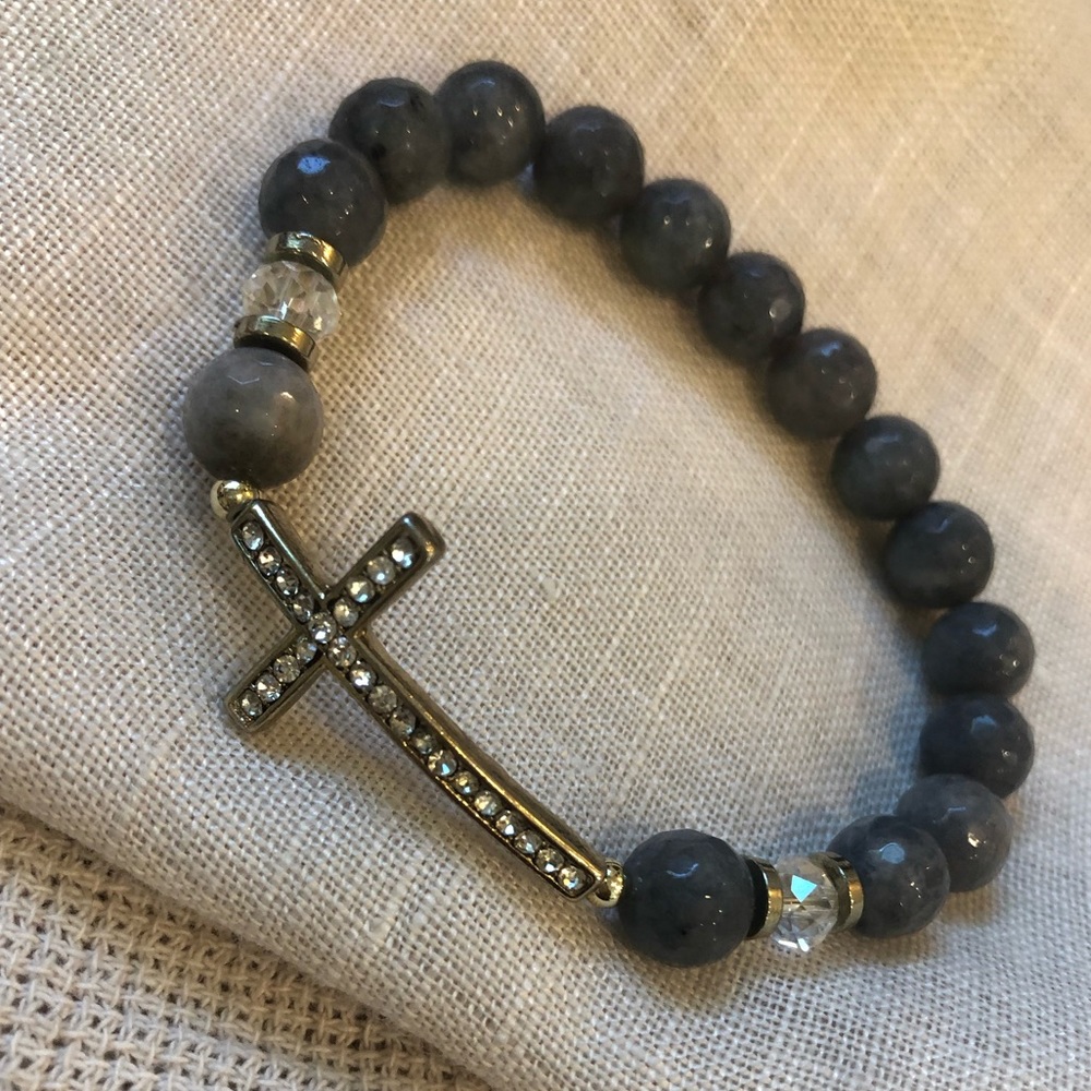 Grey crystal bead bracelet. Cross bracelet.